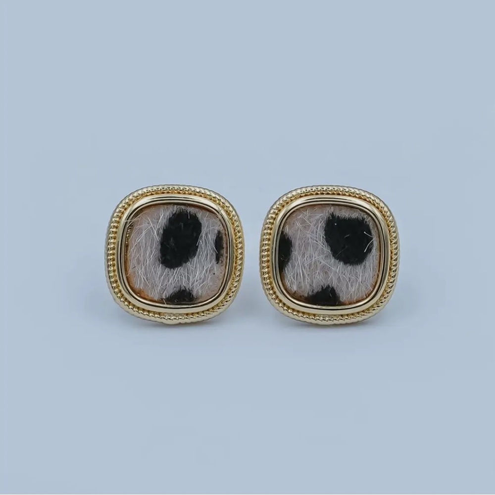 Animal Faux Fur Leopard Square Stud Earrings Gold Bezel Statement Studs NWT